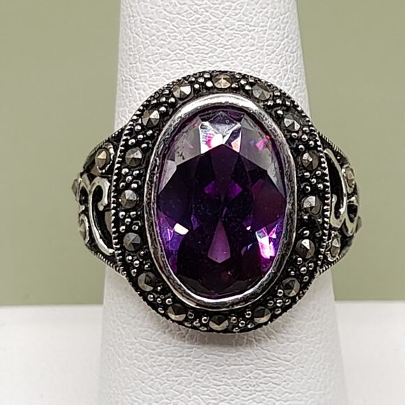Vintage Purple Crystal Ring Marcasite 925 Sterling Size 8.25 main image 10